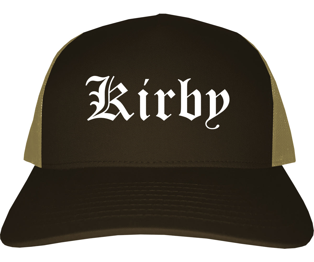 Kirby Texas TX Old English Mens Trucker Hat Cap Brown
