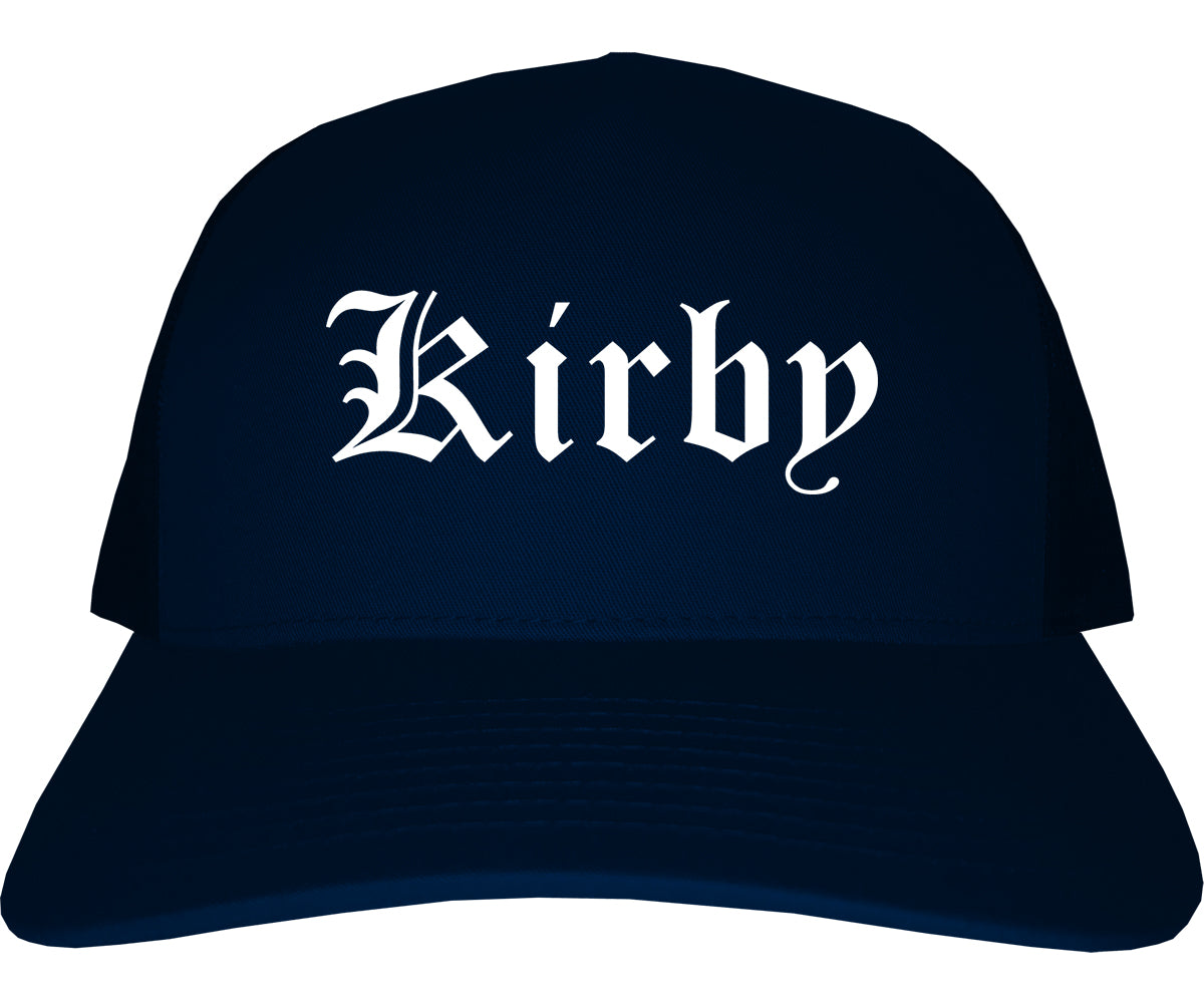 Kirby Texas TX Old English Mens Trucker Hat Cap Navy Blue