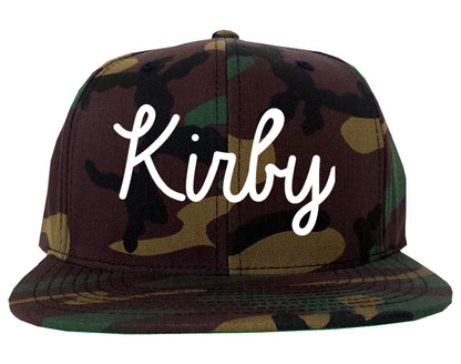 Kirby Texas TX Script Mens Snapback Hat Army Camo