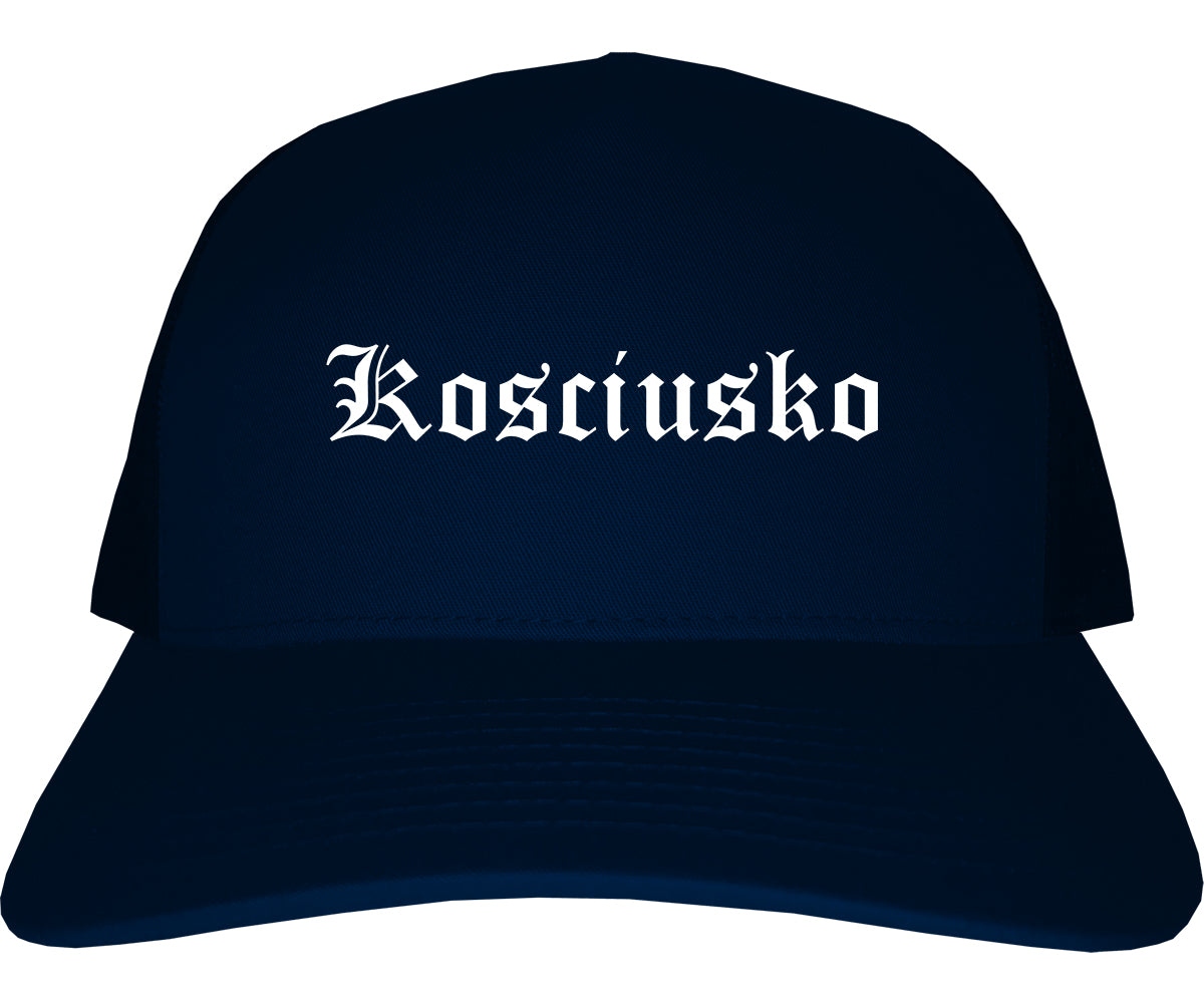 Kosciusko Mississippi MS Old English Mens Trucker Hat Cap Navy Blue