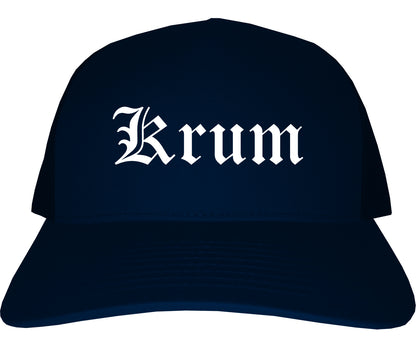 Krum Texas TX Old English Mens Trucker Hat Cap Navy Blue