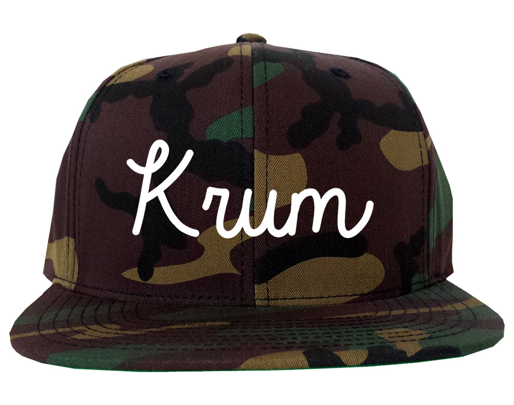 Krum Texas TX Script Mens Snapback Hat Army Camo