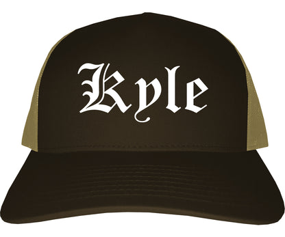 Kyle Texas TX Old English Mens Trucker Hat Cap Brown