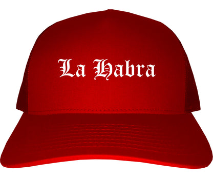 La Habra California CA Old English Mens Trucker Hat Cap Red