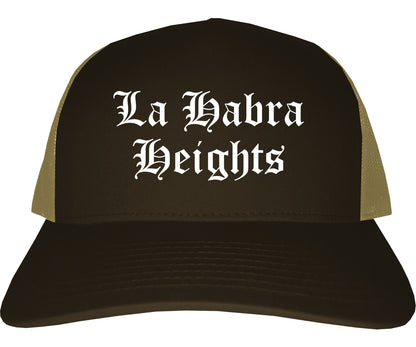 La Habra Heights California CA Old English Mens Trucker Hat Cap Brown