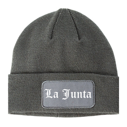La Junta Colorado CO Old English Mens Knit Beanie Hat Cap Grey