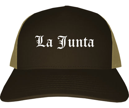 La Junta Colorado CO Old English Mens Trucker Hat Cap Brown