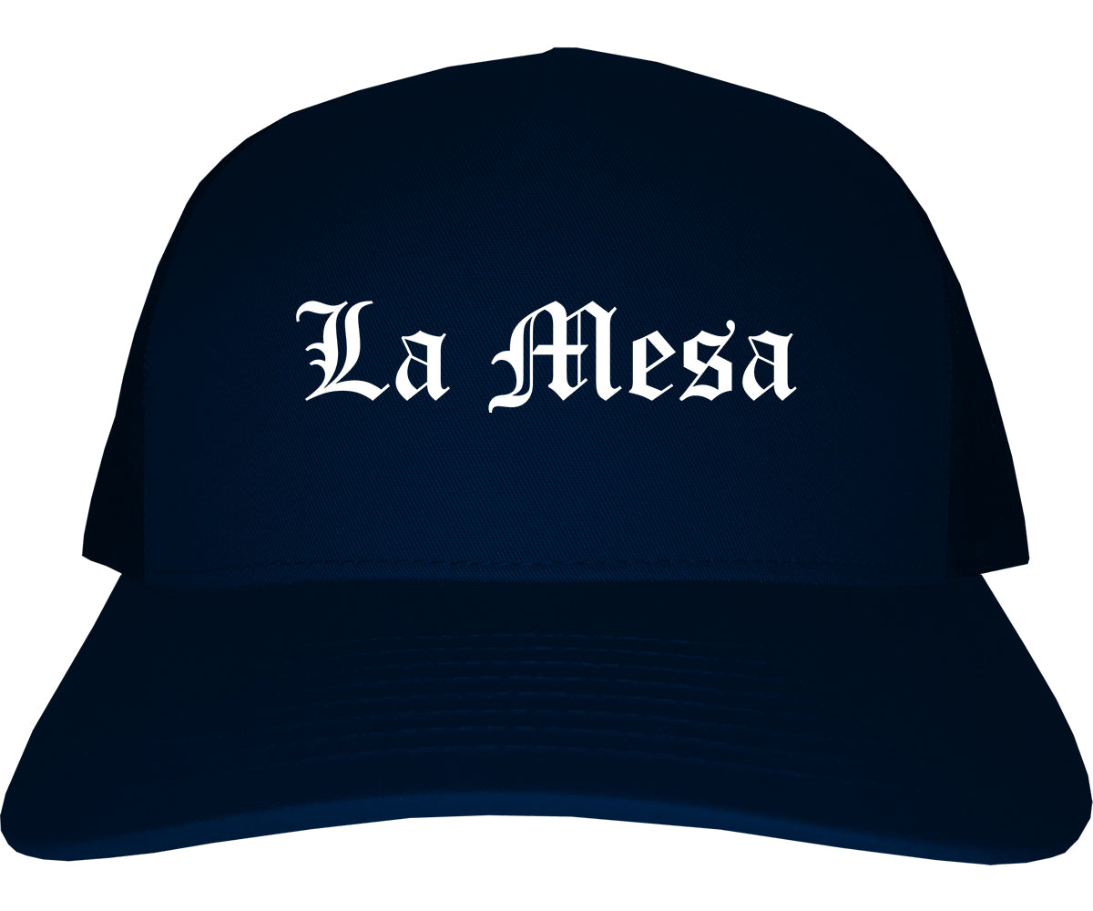 La Mesa California CA Old English Mens Trucker Hat Cap Navy Blue