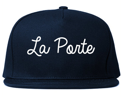La Porte Indiana IN Script Mens Snapback Hat Navy Blue