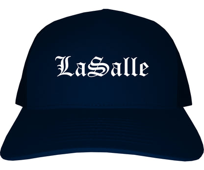 LaSalle Illinois IL Old English Mens Trucker Hat Cap Navy Blue