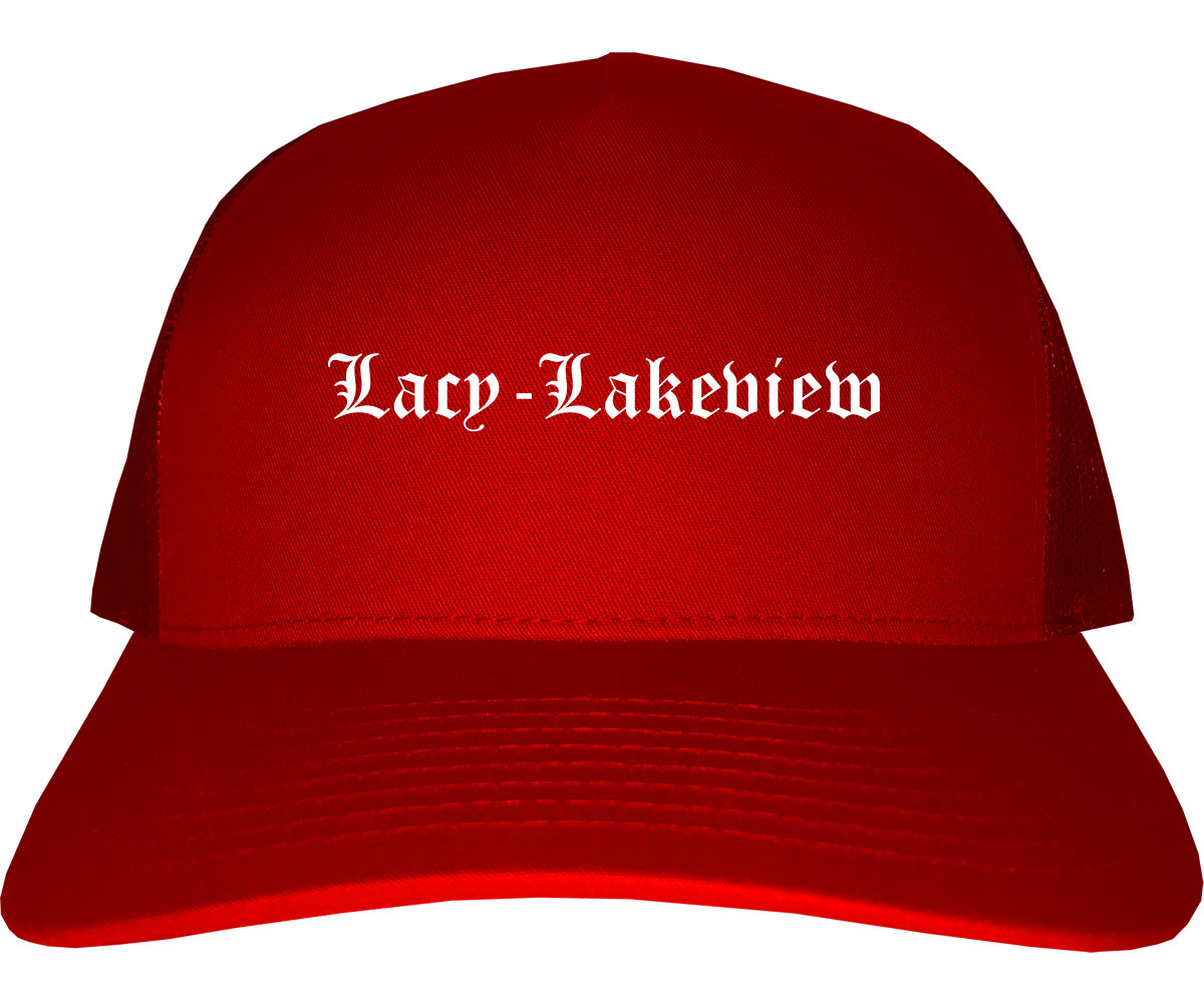Lacy Lakeview Texas TX Old English Mens Trucker Hat Cap Red