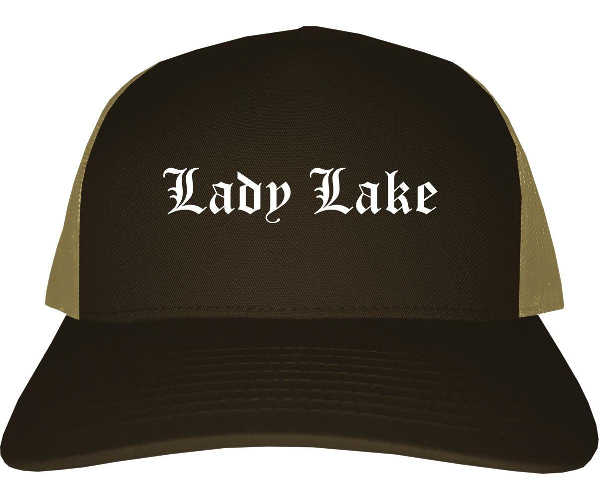 Lady Lake Florida FL Old English Mens Trucker Hat Cap Brown