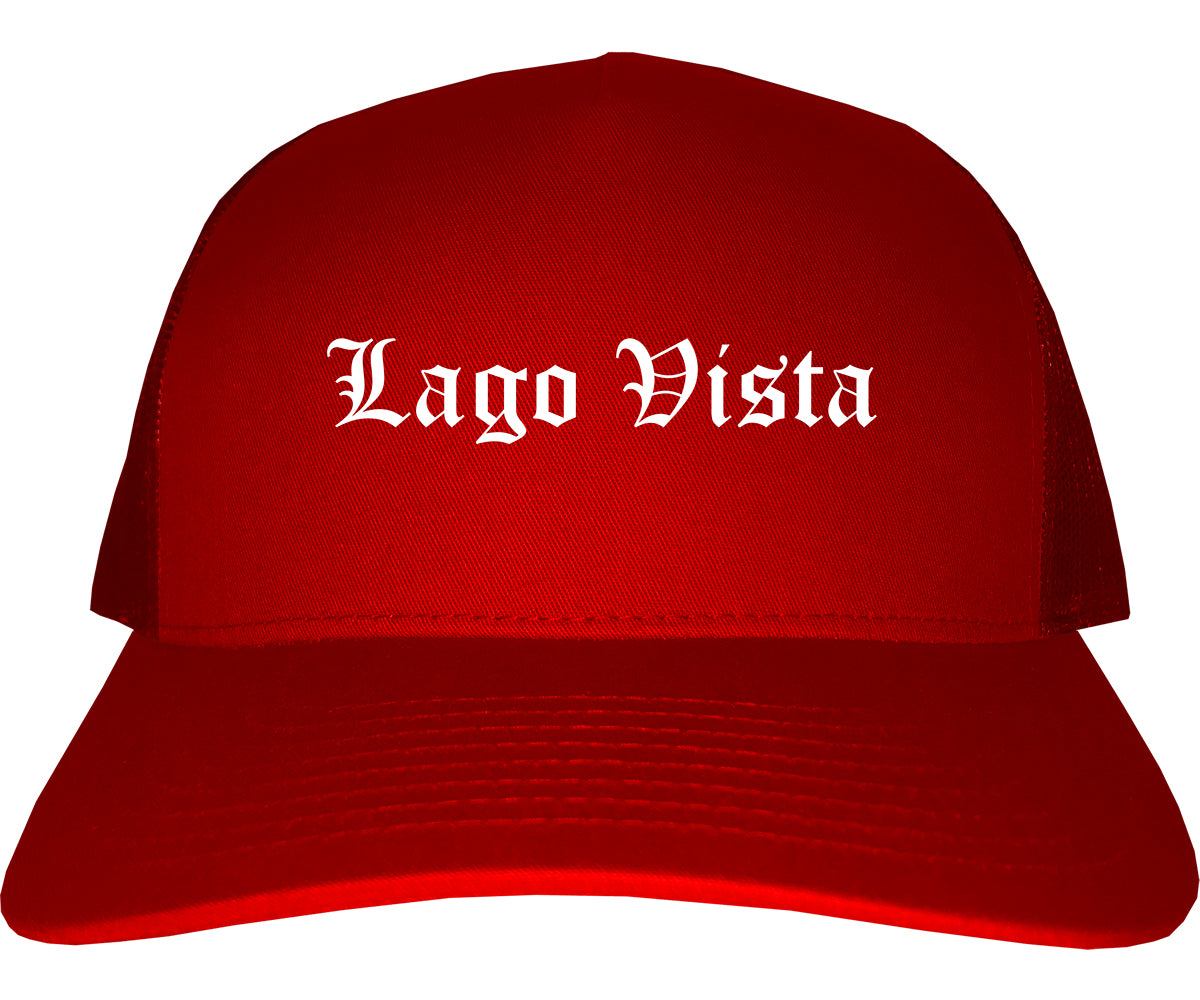 Lago Vista Texas TX Old English Mens Trucker Hat Cap Red