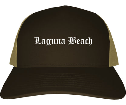 Laguna Beach California CA Old English Mens Trucker Hat Cap Brown