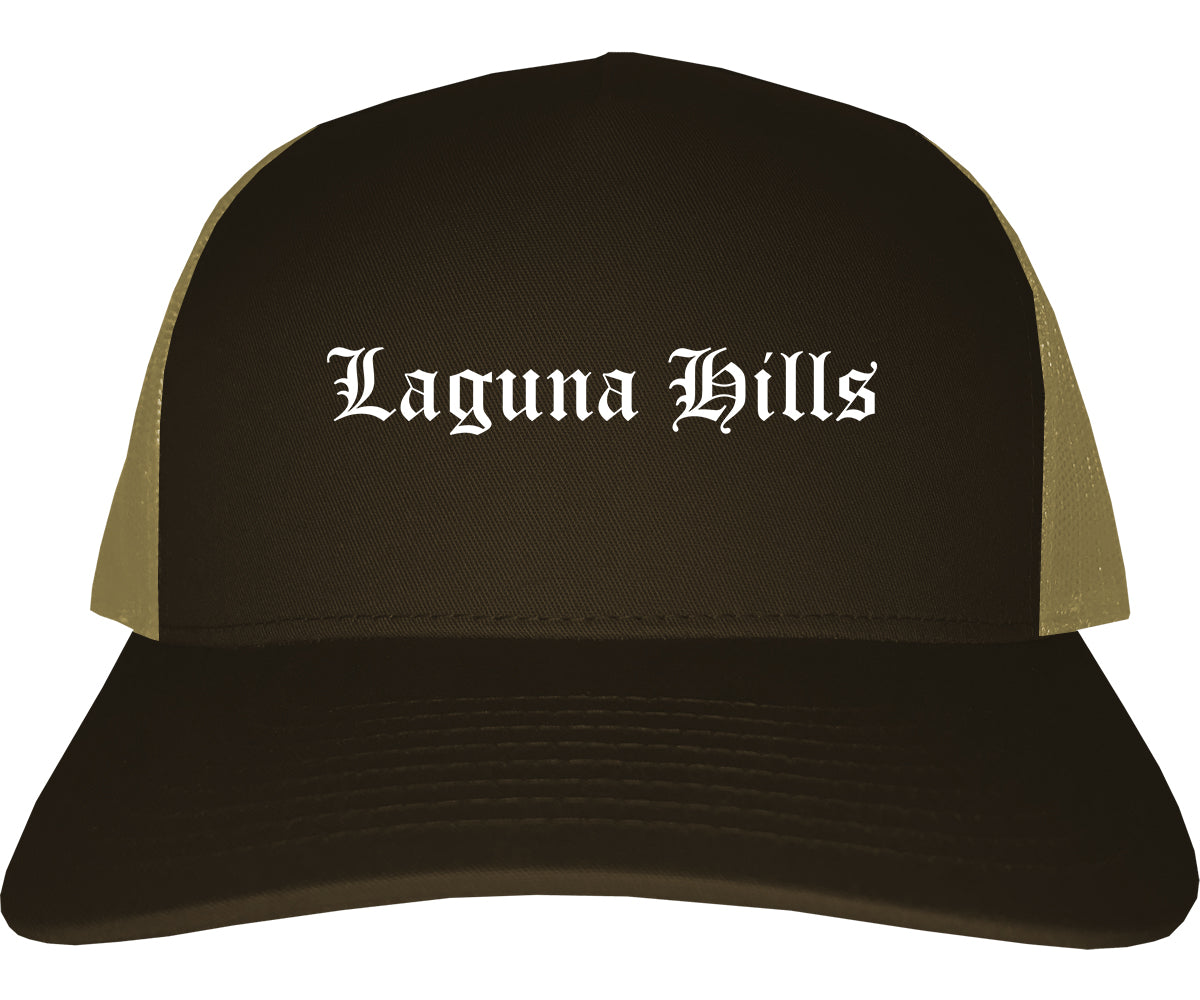 Laguna Hills California CA Old English Mens Trucker Hat Cap Brown