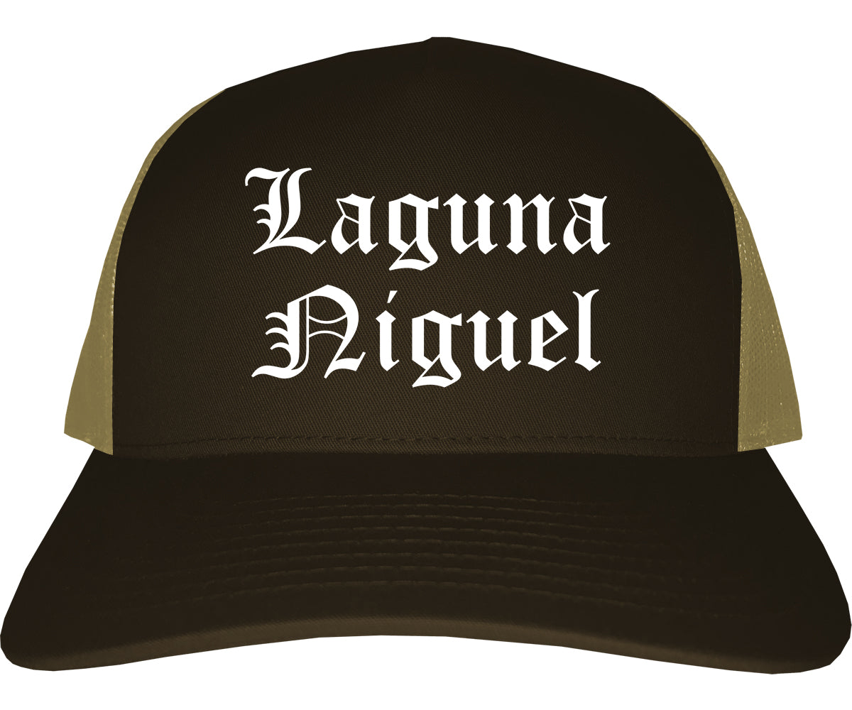 Laguna Niguel California CA Old English Mens Trucker Hat Cap Brown