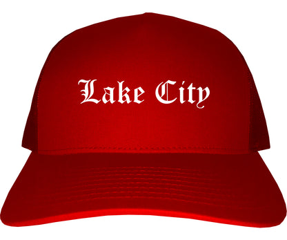 Lake City Minnesota MN Old English Mens Trucker Hat Cap Red