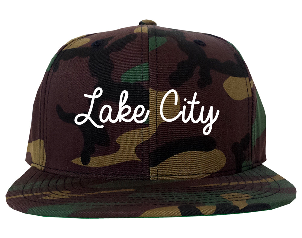 Lake City Minnesota MN Script Mens Snapback Hat Army Camo