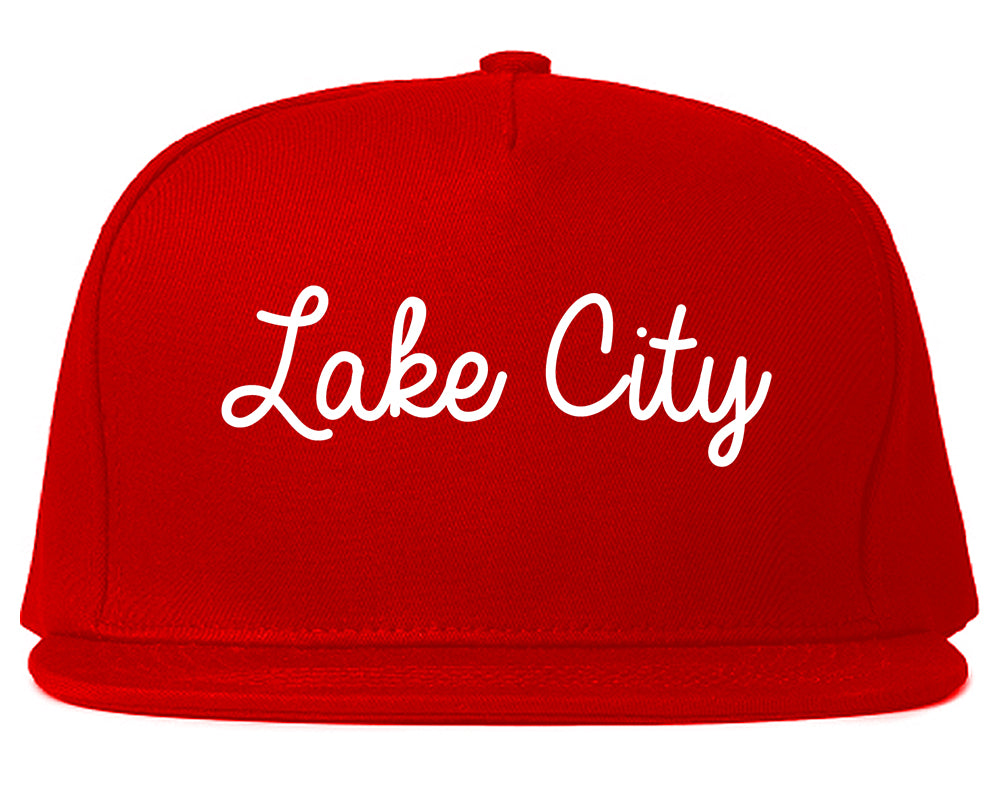 Lake City Minnesota MN Script Mens Snapback Hat Red