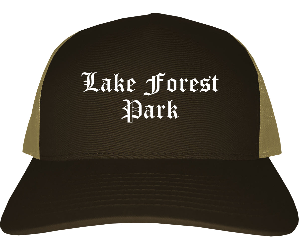 Lake Forest Park Washington WA Old English Mens Trucker Hat Cap Brown