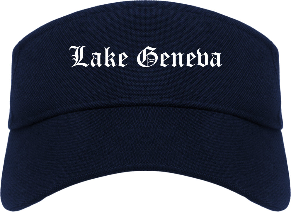 Lake Geneva Wisconsin WI Old English Mens Visor Cap Hat Navy Blue