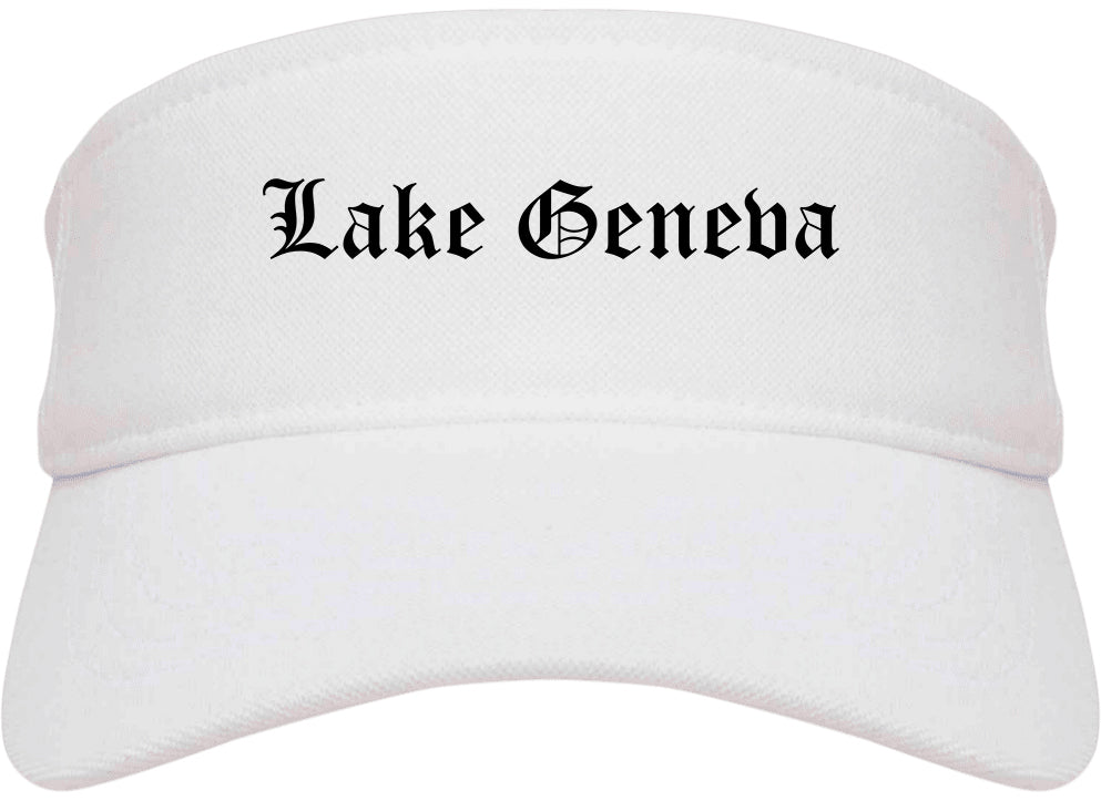 Lake Geneva Wisconsin WI Old English Mens Visor Cap Hat White