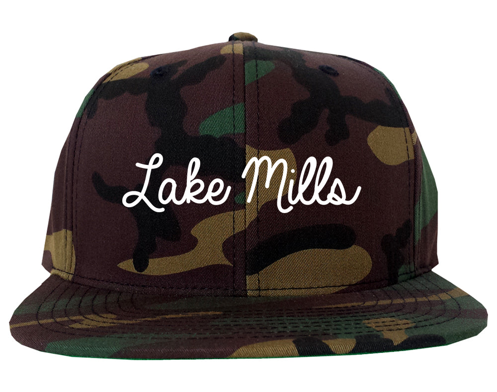 Lake Mills Wisconsin WI Script Mens Snapback Hat Army Camo