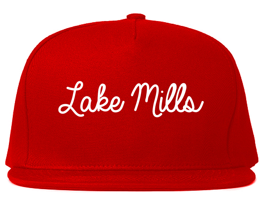 Lake Mills Wisconsin WI Script Mens Snapback Hat Red