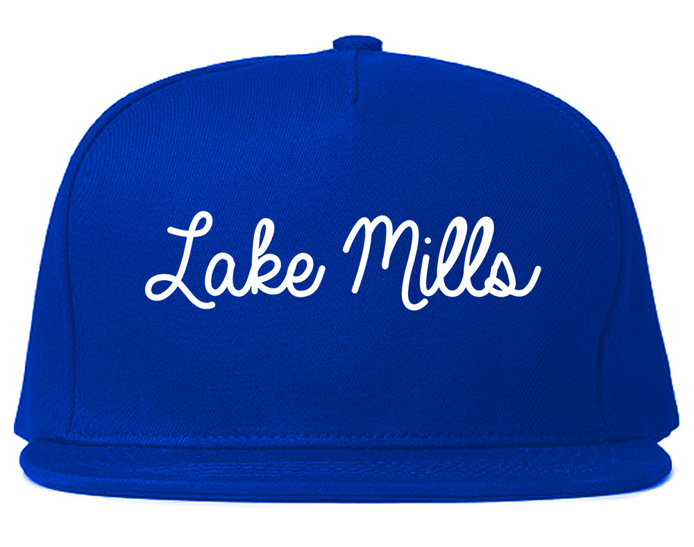 Lake Mills Wisconsin WI Script Mens Snapback Hat Royal Blue