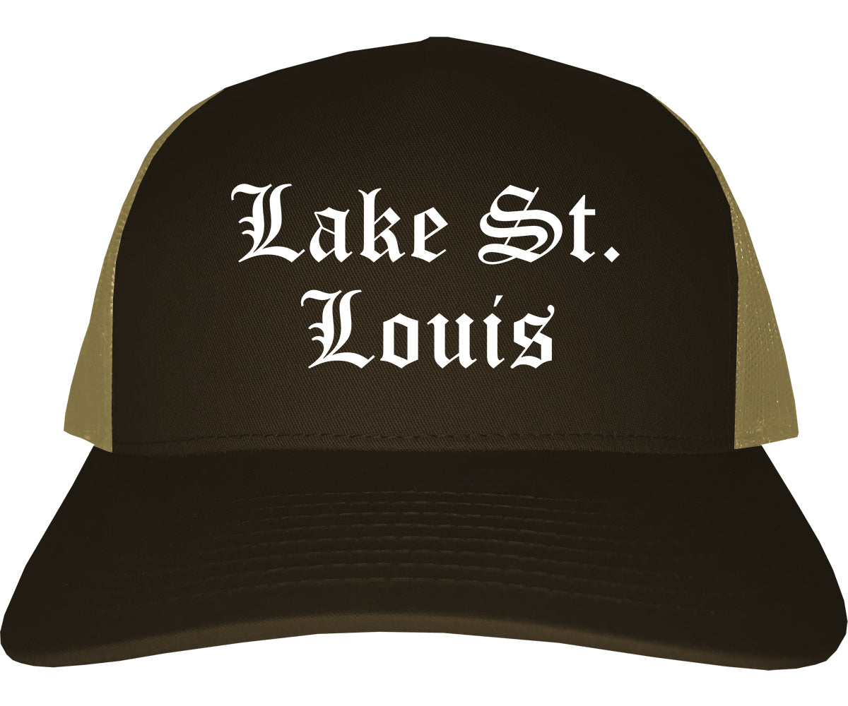Lake St. Louis Missouri MO Old English Mens Trucker Hat Cap Brown