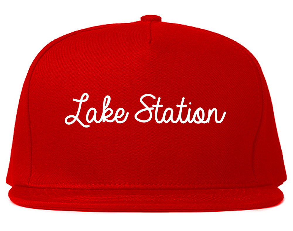 Lake Station Indiana IN Script Mens Snapback Hat Red