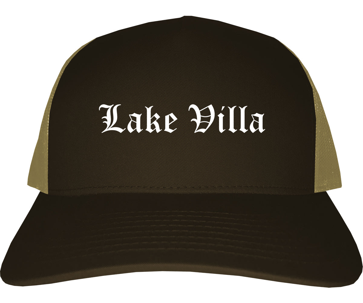 Lake Villa Illinois IL Old English Mens Trucker Hat Cap Brown