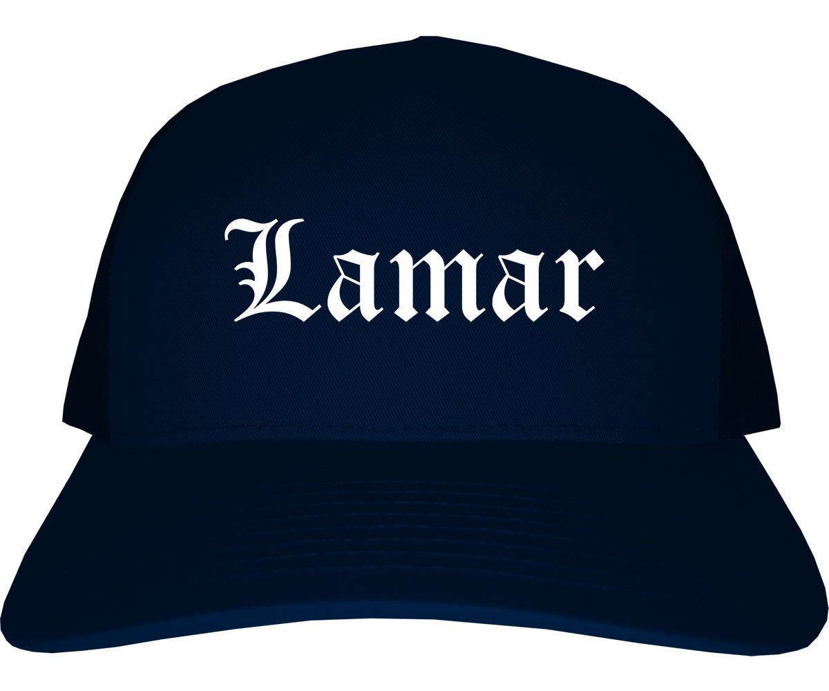 Lamar Missouri MO Old English Mens Trucker Hat Cap Navy Blue