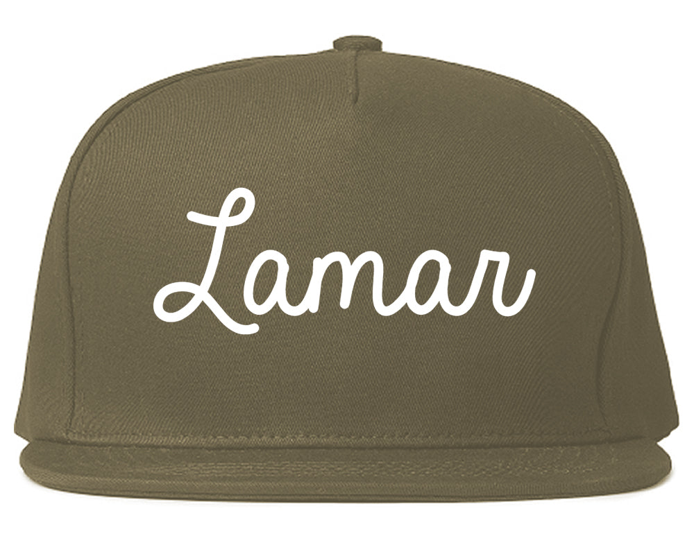 Lamar Missouri MO Script Mens Snapback Hat Grey