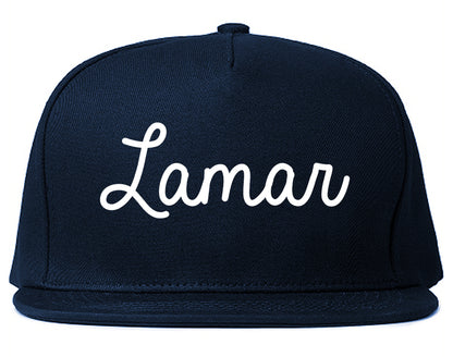 Lamar Missouri MO Script Mens Snapback Hat Navy Blue