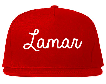 Lamar Missouri MO Script Mens Snapback Hat Red