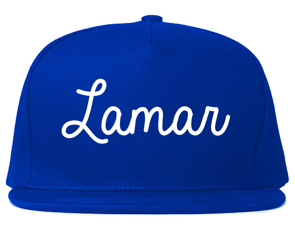 Lamar Missouri MO Script Mens Snapback Hat Royal Blue