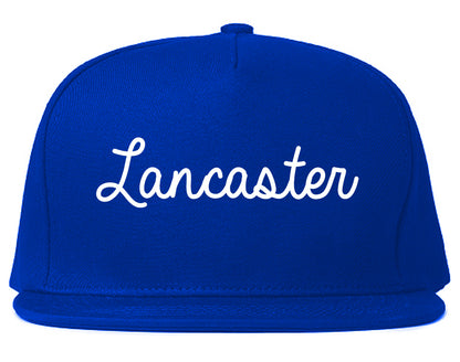 Lancaster New York NY Script Mens Snapback Hat Royal Blue