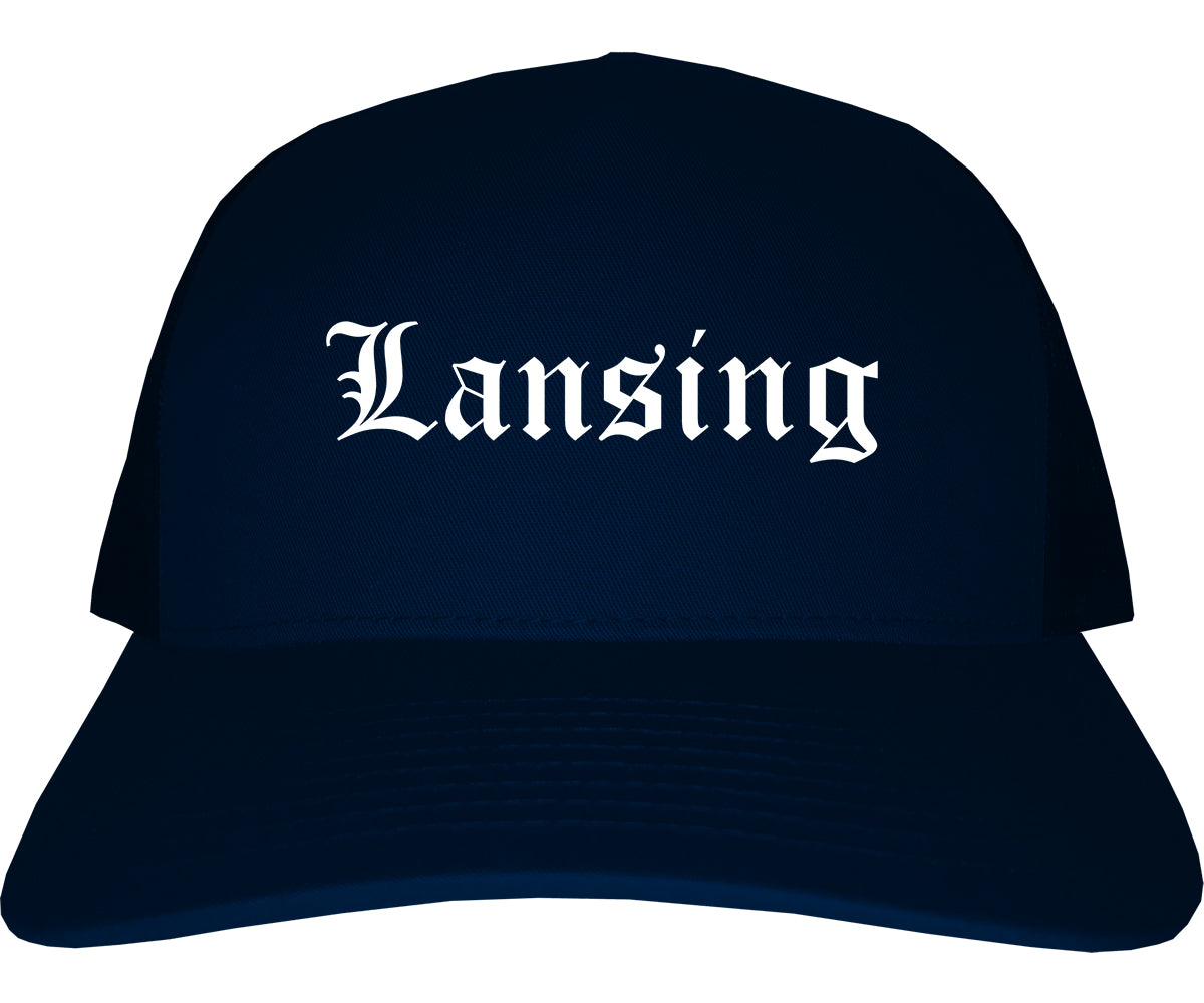 Lansing Illinois IL Old English Mens Trucker Hat Cap Navy Blue