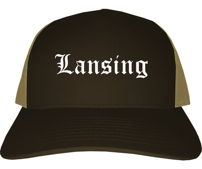 Lansing Michigan MI Old English Mens Trucker Hat Cap Brown
