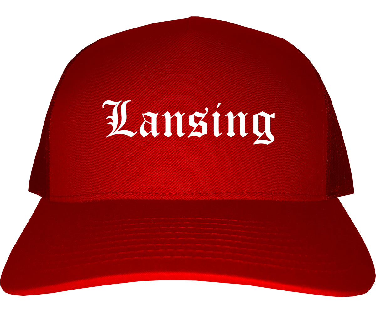 Lansing Michigan MI Old English Mens Trucker Hat Cap Red