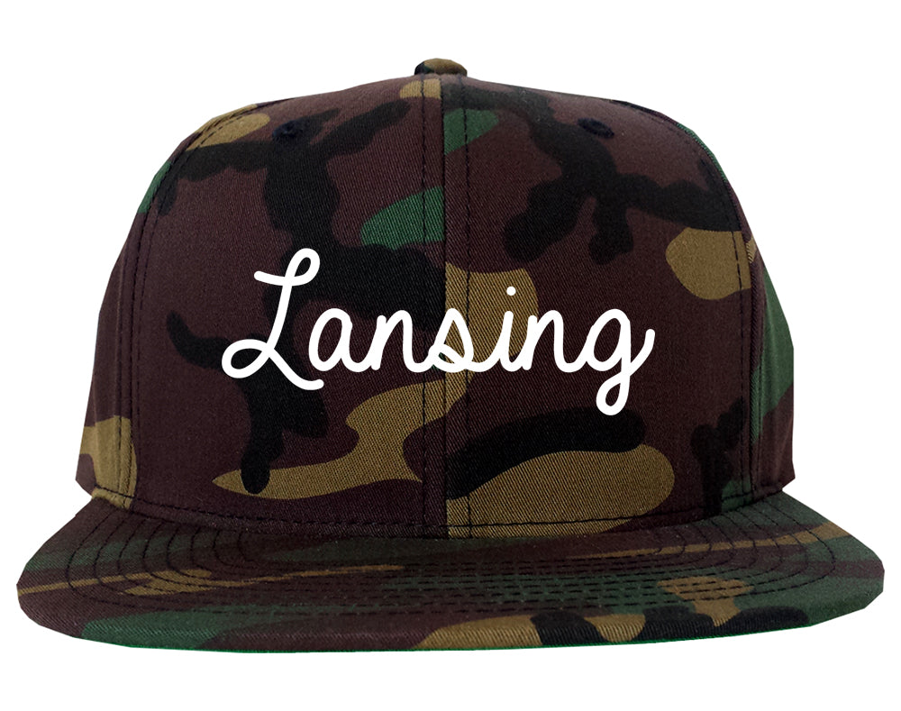 Lansing Michigan MI Script Mens Snapback Hat Army Camo