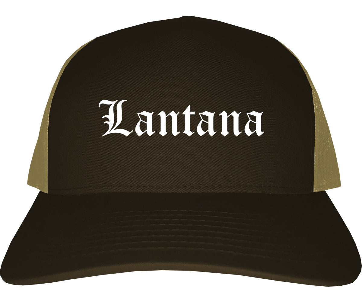 Lantana Florida FL Old English Mens Trucker Hat Cap Brown