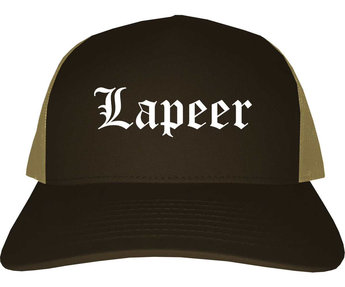 Lapeer Michigan MI Old English Mens Trucker Hat Cap Brown