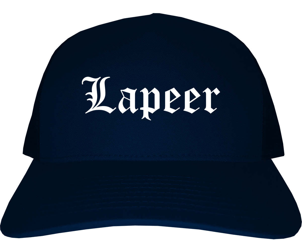 Lapeer Michigan MI Old English Mens Trucker Hat Cap Navy Blue