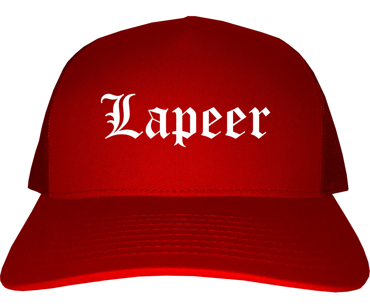 Lapeer Michigan MI Old English Mens Trucker Hat Cap Red
