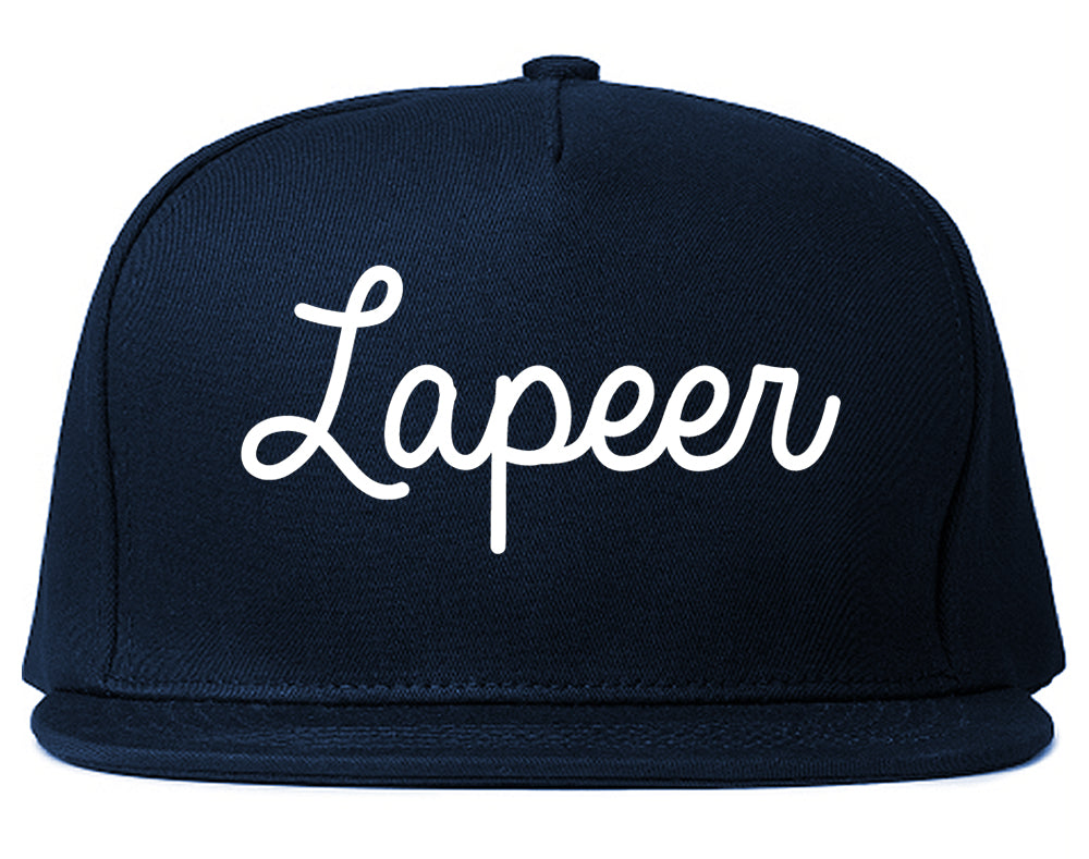 Lapeer Michigan MI Script Mens Snapback Hat Navy Blue