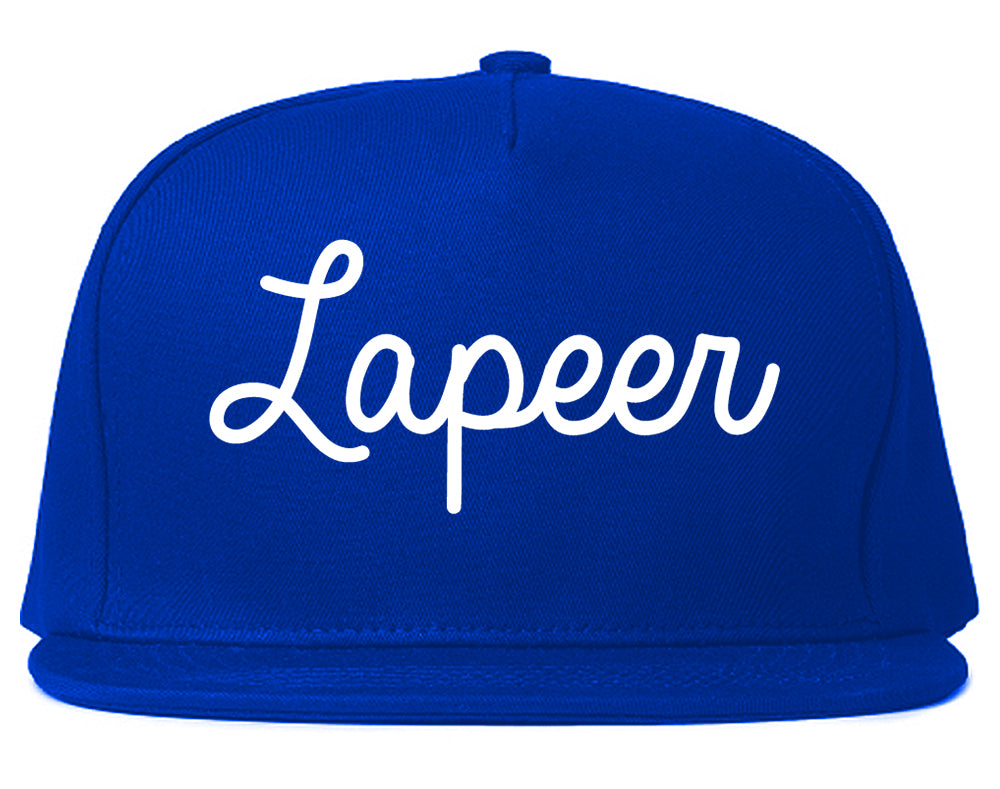 Lapeer Michigan MI Script Mens Snapback Hat Royal Blue