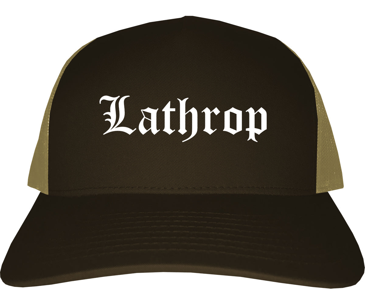 Lathrop California CA Old English Mens Trucker Hat Cap Brown