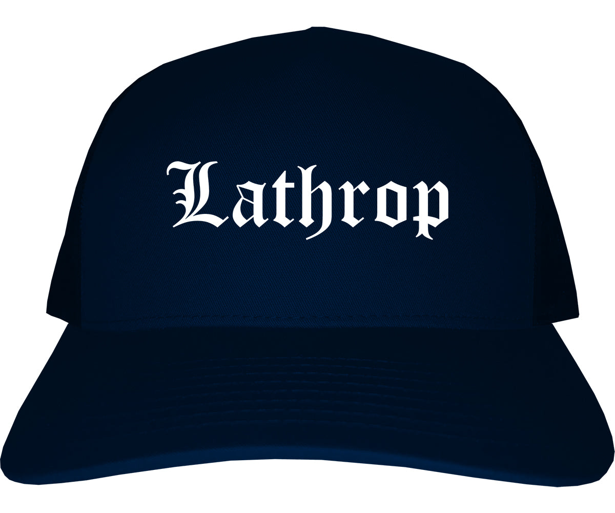Lathrop California CA Old English Mens Trucker Hat Cap Navy Blue